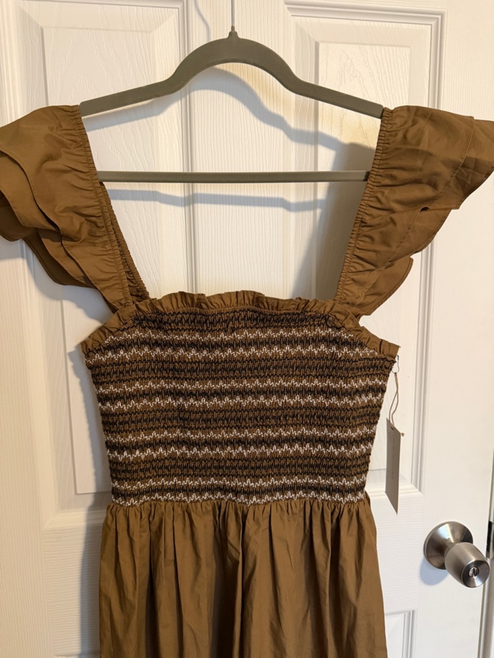 Moon River Smocked Midi Dress Size S Brown Ruffle Strap Cottagecore Romantic - Picture 3 of 7